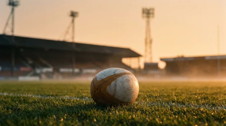 Worn rugby ball resting on dewy grass at sunrise inside an empty British stadium, evoking the scale and quiet study of UK rugby