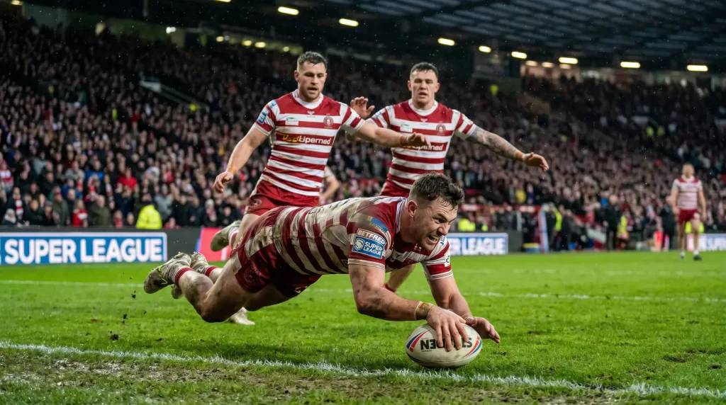 Betfred Super League rugby league action with try-scoring run during a televised fixture
