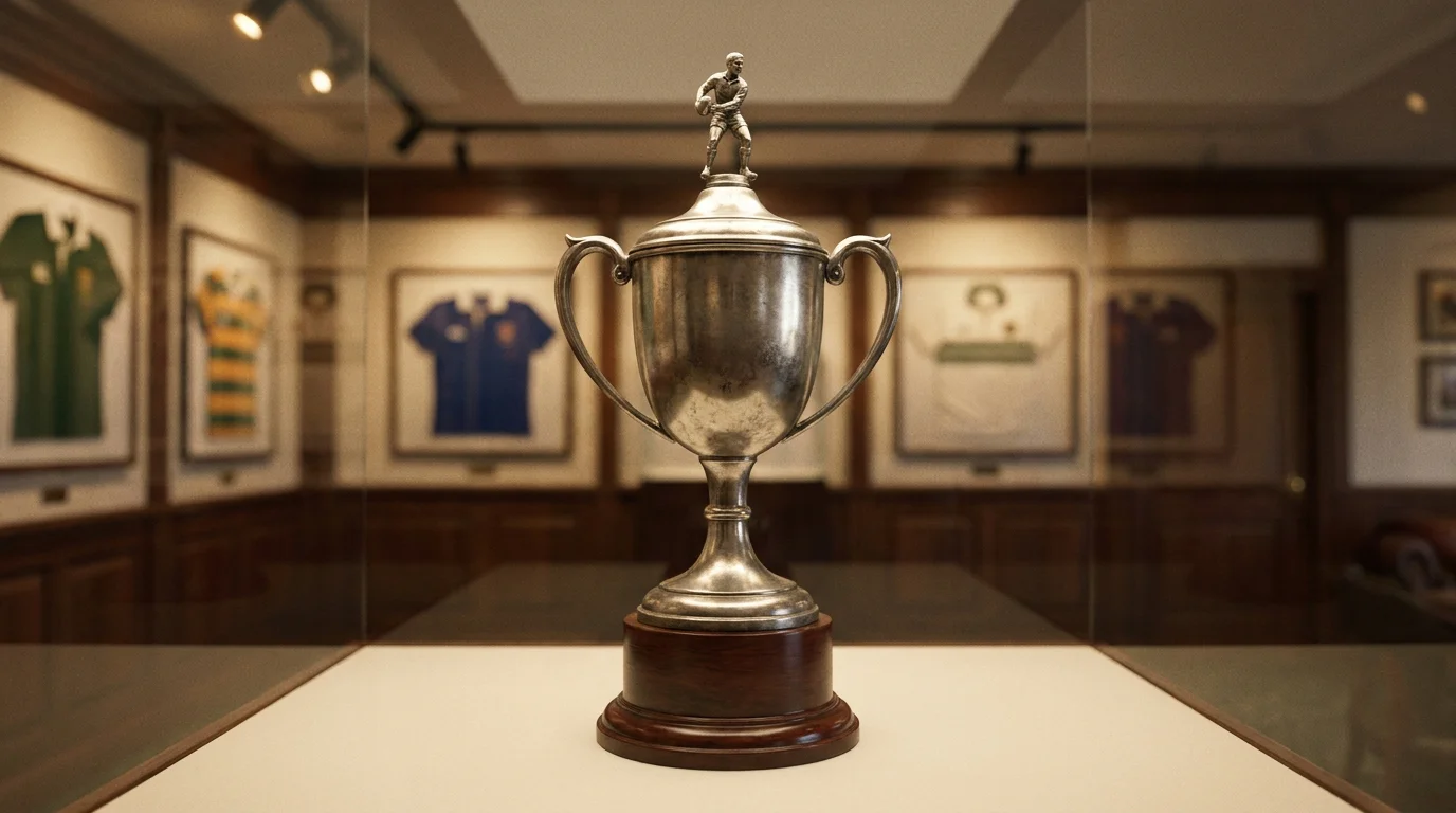 Traditional rugby trophy in display case at a heritage rugby ground