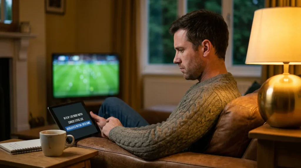 Rugby bettor considering cash-out option during a live in-play match