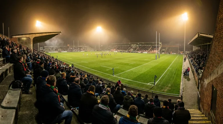 European Challenge Cup rugby match with second-tier club action and modest stand attendance