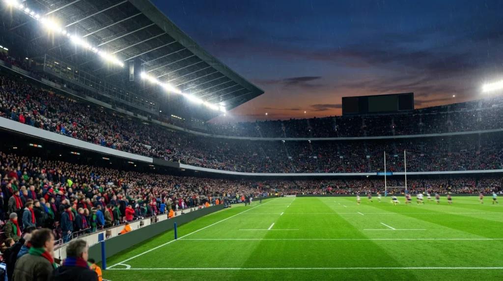 European Champions Cup rugby knockout match in a packed continental stadium