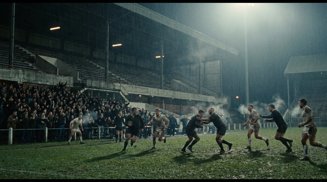 Decisive drop goal moment in a tight stadium rugby match