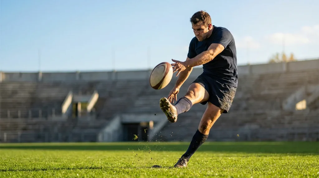 Rugby fly-half attempting a drop goal in a key moment of a match
