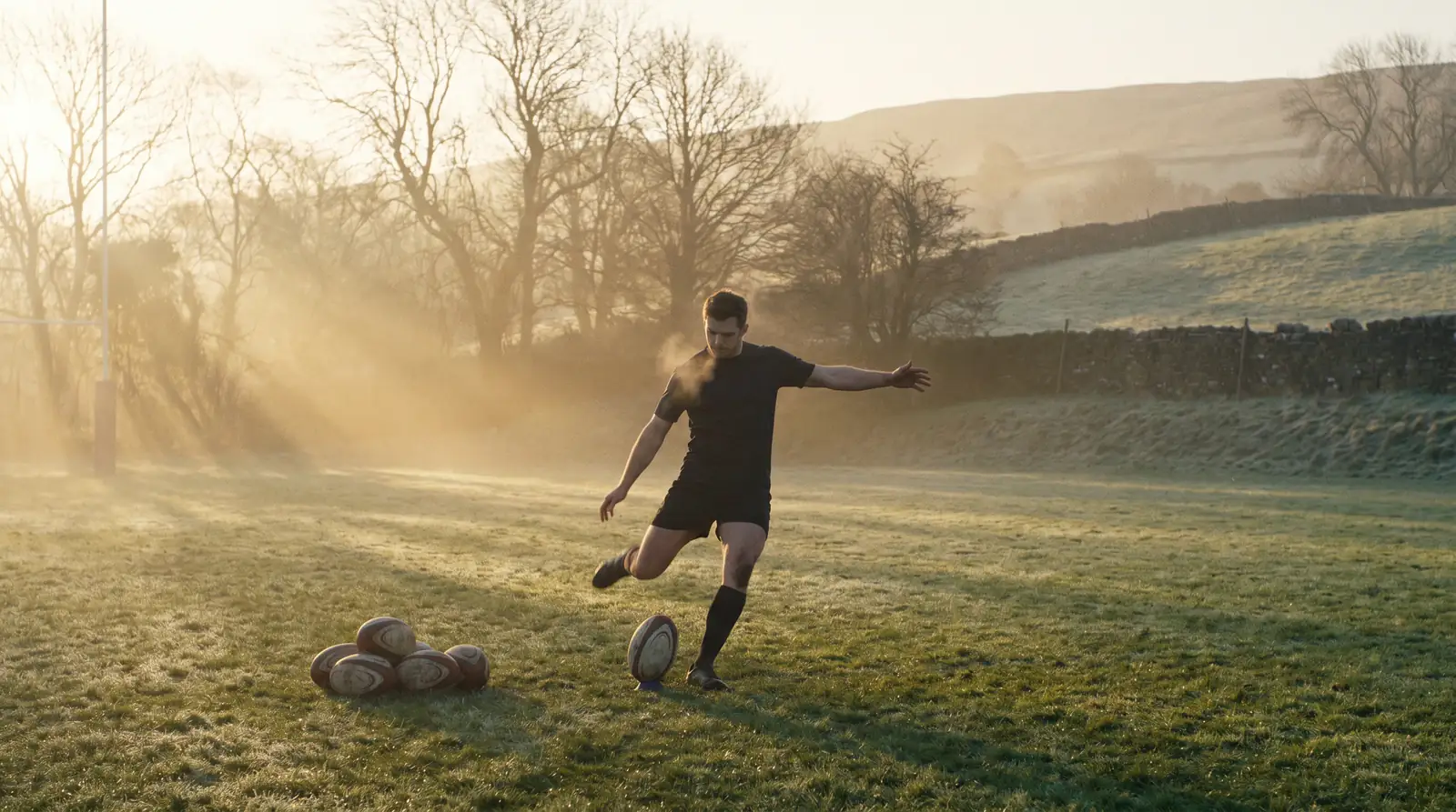 Drop goal scoring basics shown by a rugby fly-half practising kicks