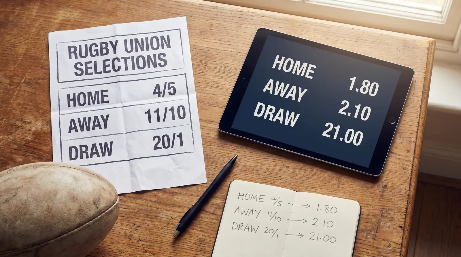 Close-up of a printed rugby betting slip showing prices in fractional form alongside a tablet displaying the same prices in decimal.