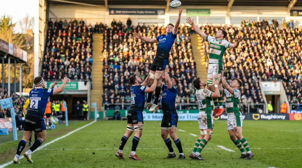 Gallagher Premiership rugby lineout contest during a regular-season match at a full stadium