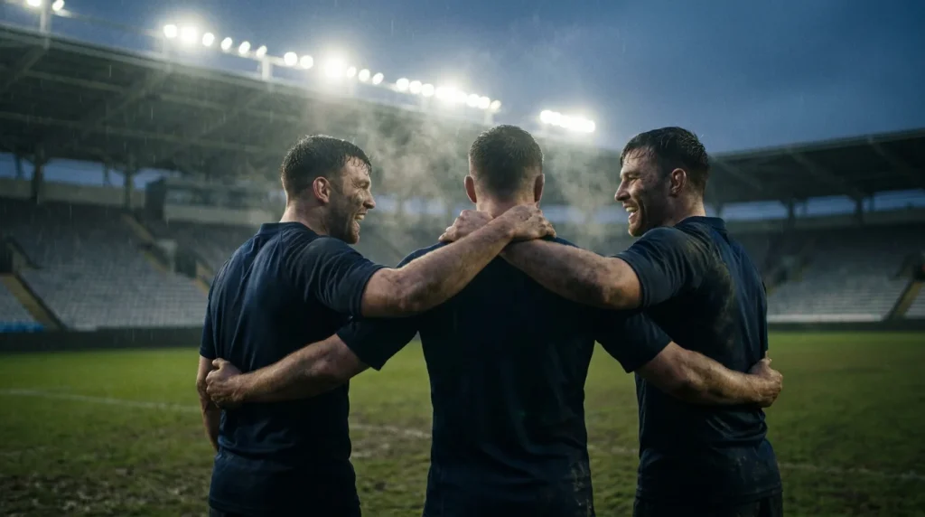 Six Nations Grand Slam clinching moment with rugby players celebrating