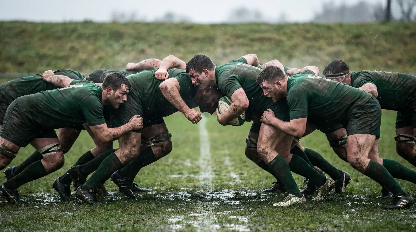 Rugby forwards driving a lineout maul towards the try line for a set-piece try