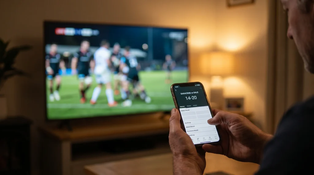 In-play rugby betting on a mobile screen with live match action visible in the background