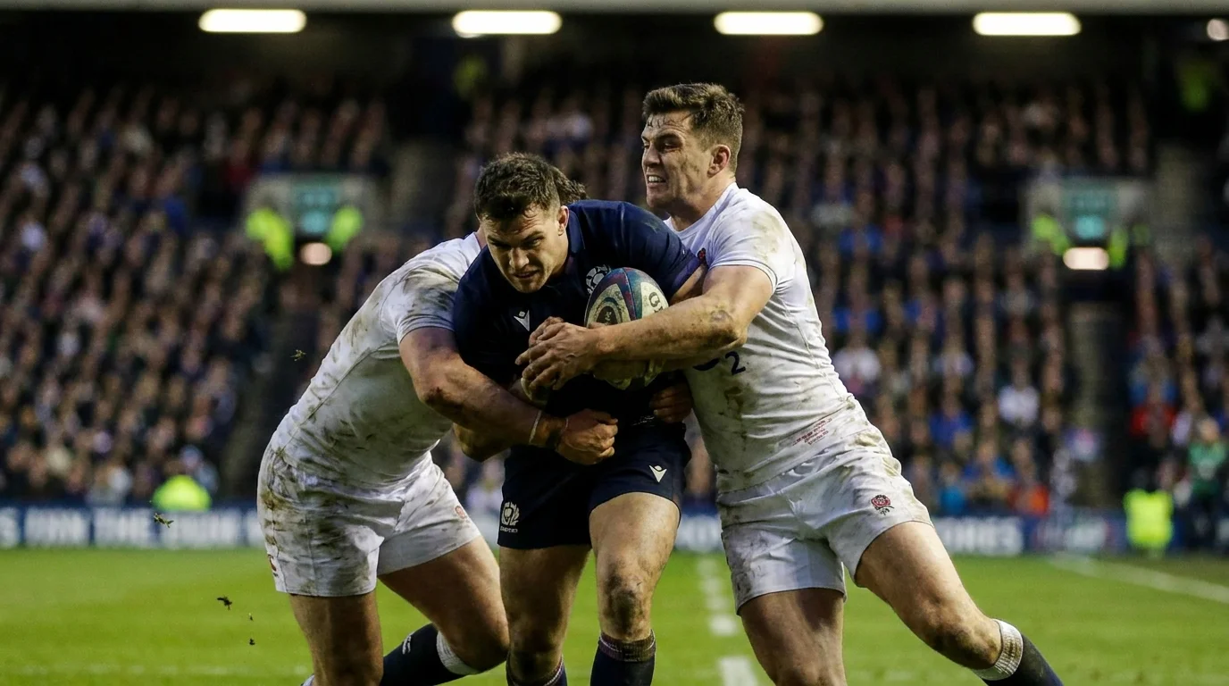 Live Rugby Union match action with players competing for the ball at high speed under floodlights.