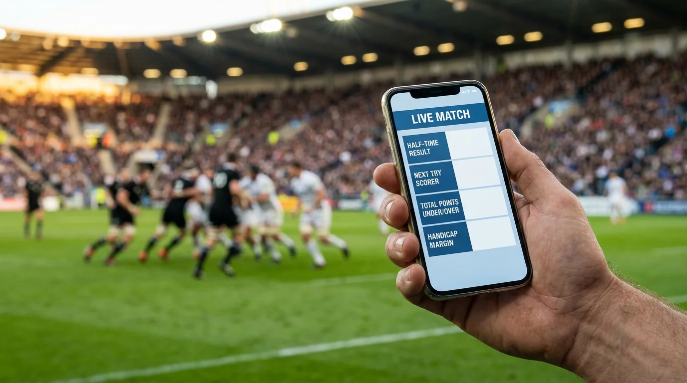 Mobile rugby betting on a smartphone at a packed stadium illustrating the dominance of mobile in-play volume