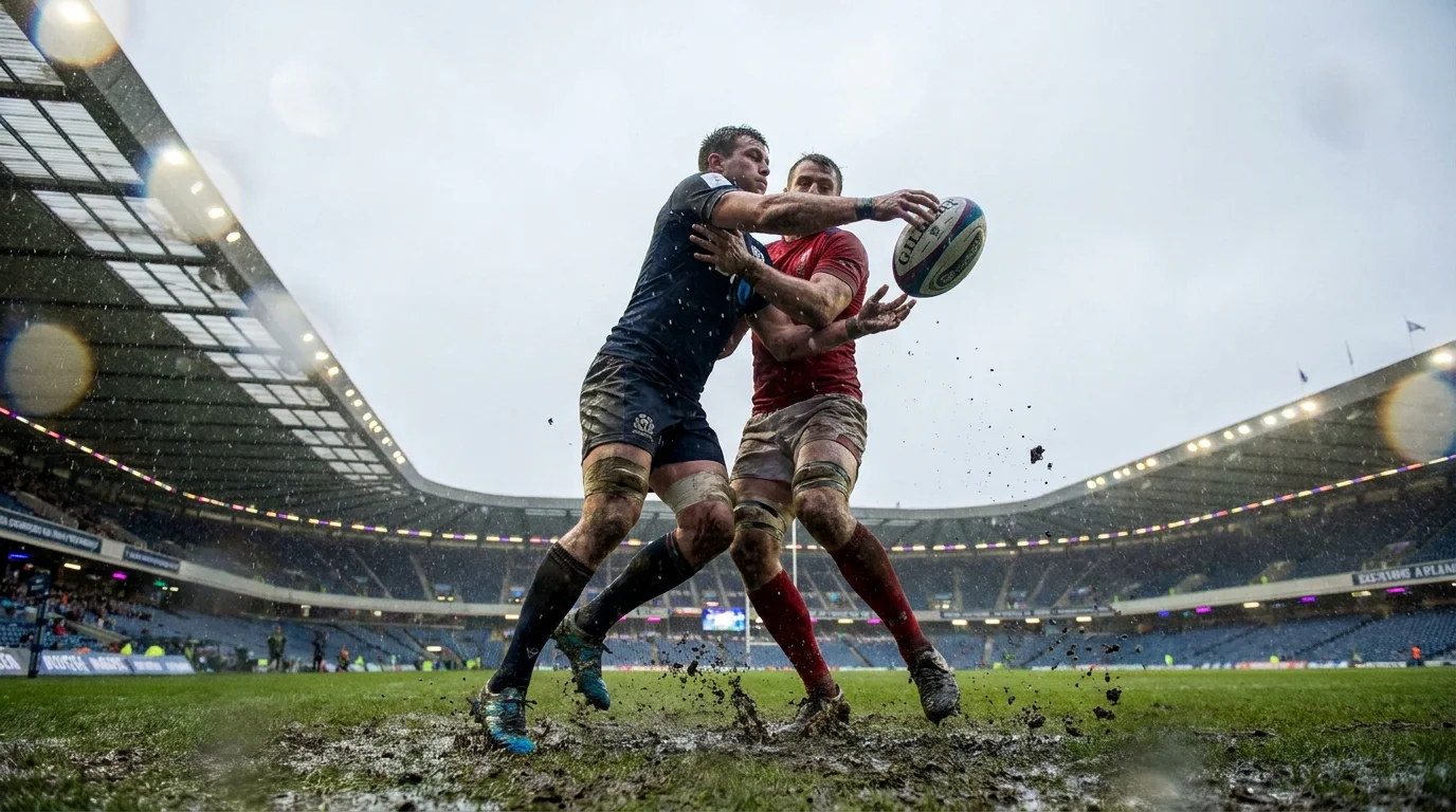 Murrayfield Stadium during a wet and windy Six Nations match affecting kicking and totals