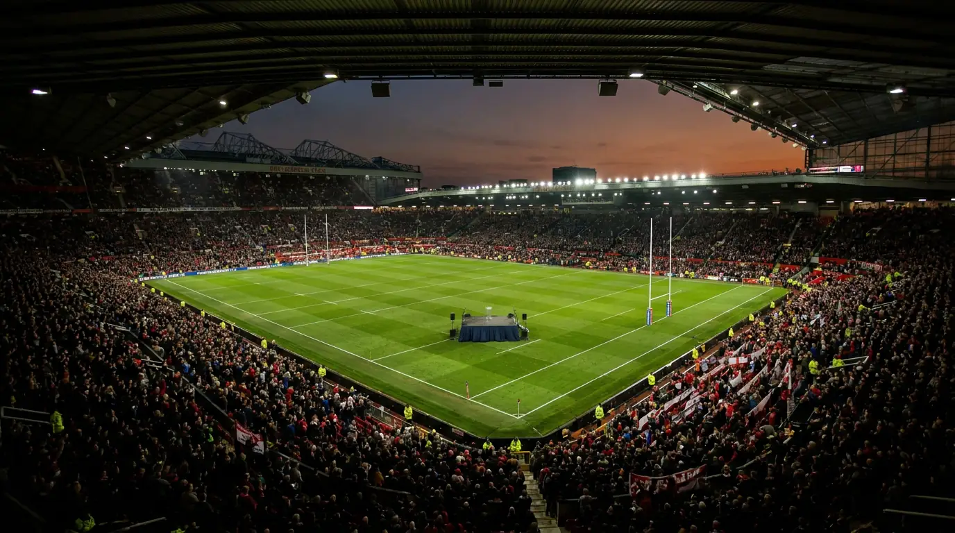 Old Trafford pitch set up for the Betfred Super League Grand Final with packed stands
