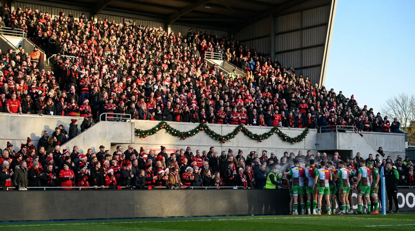 Premiership Christmas derby match with packed home and away rugby supporters in festive atmosphere