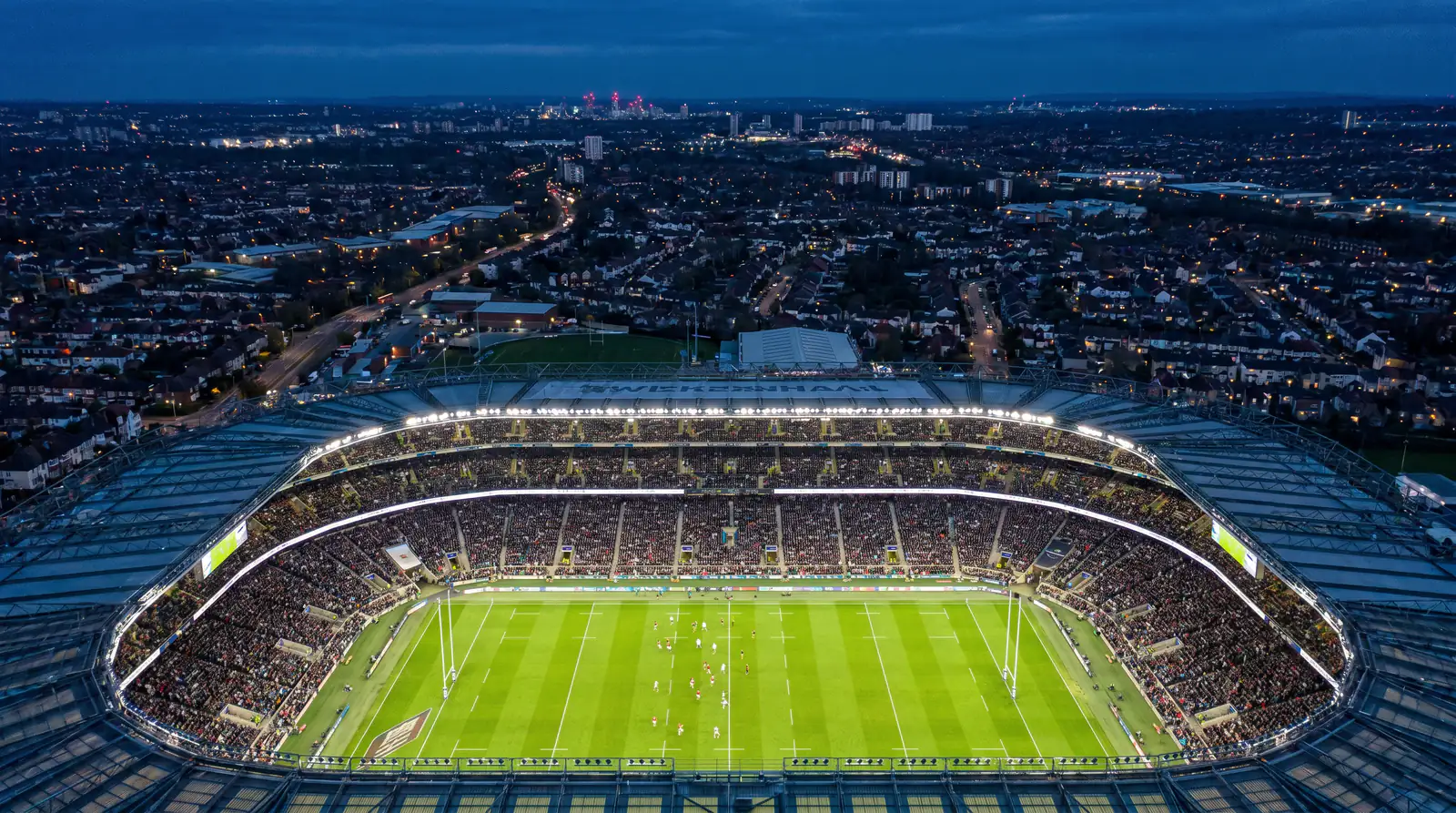 Aerial view of a Gallagher Premiership rugby stadium ahead of a Friday night fixture