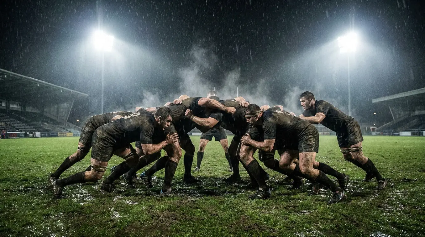 Rain falling on a rugby pitch reducing totals during a fixture