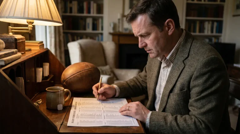 Analyst reading a Premiership rugby form guide for betting analysis