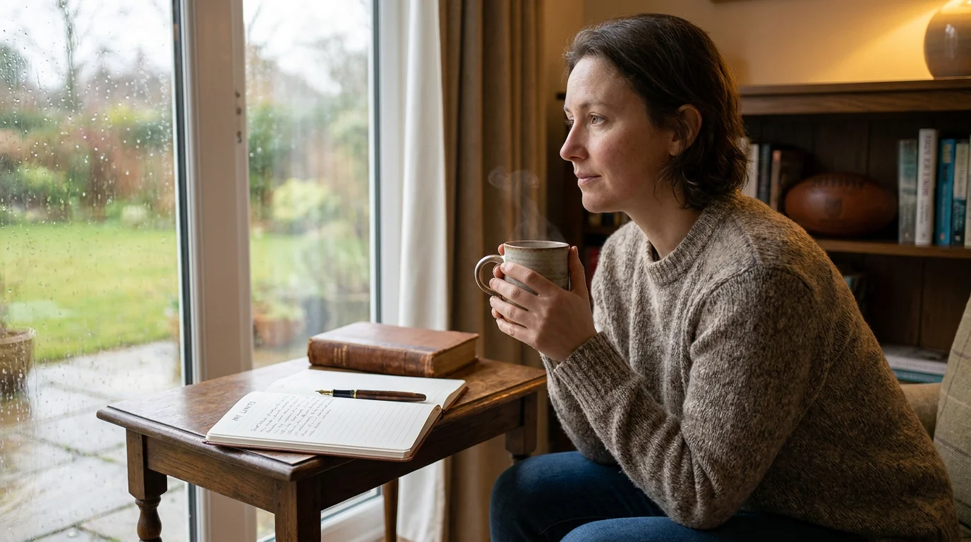 Person seated quietly with a cup of tea and a notebook, reflecting on their betting plan in soft daylight.
