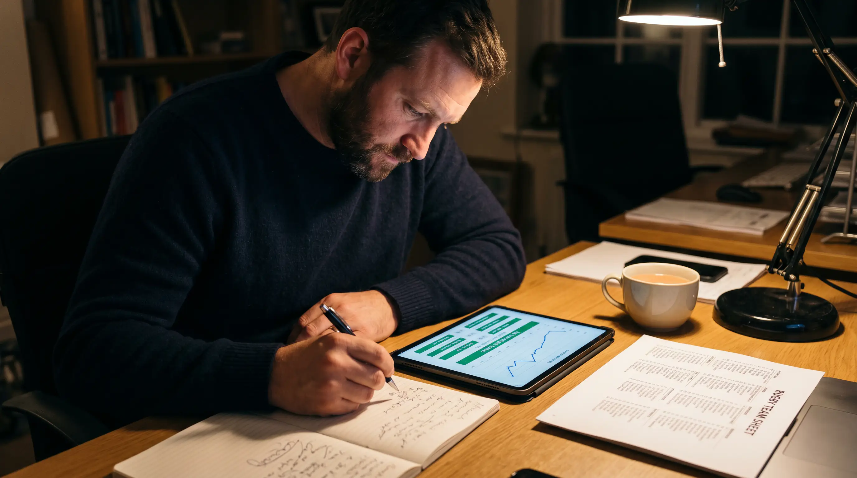 Rugby analyst reviewing Six Nations match data on a tablet to spot value betting edges