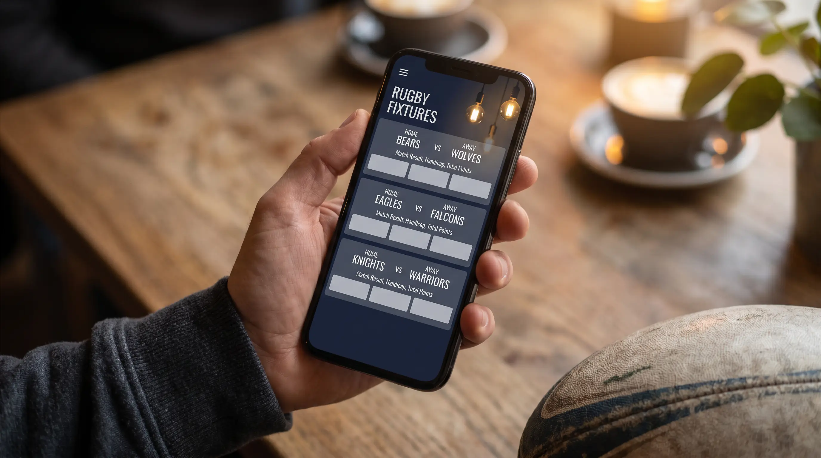 Hand holding a smartphone showing a rugby fixture list with various betting markets displayed.