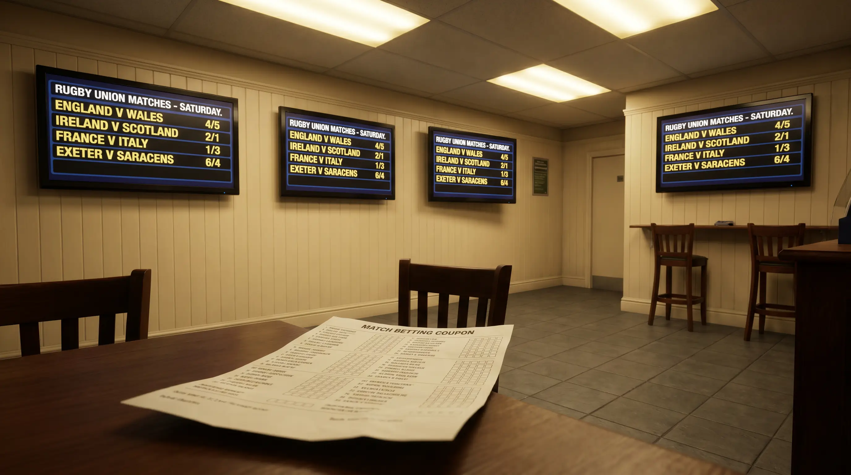 Premiership rugby betting odds on a UK bookmaker shop screen showing match and try-scorer markets