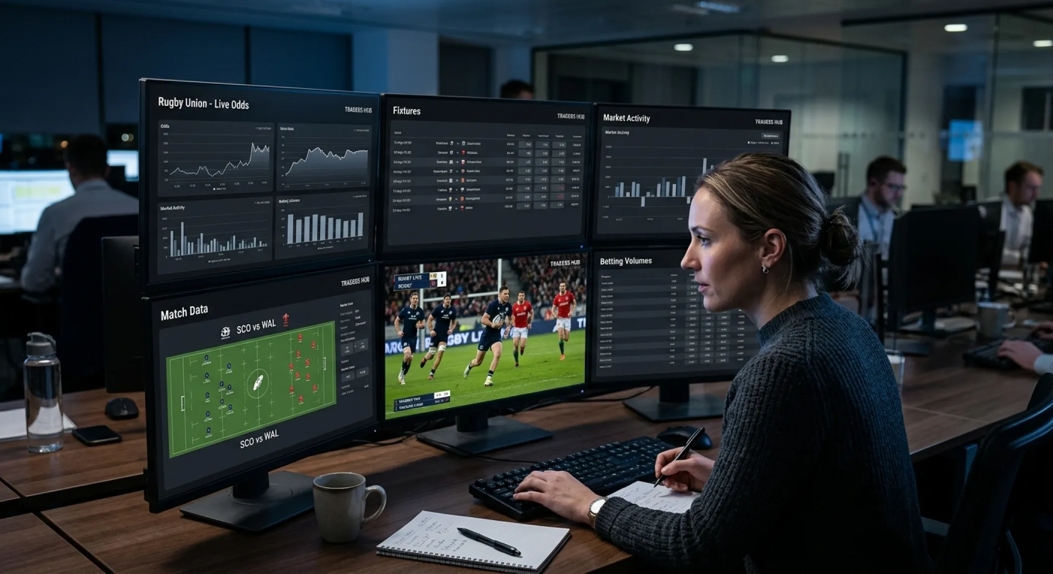 Rugby betting trader at a multi-monitor desk watching in-play prices update during a live match