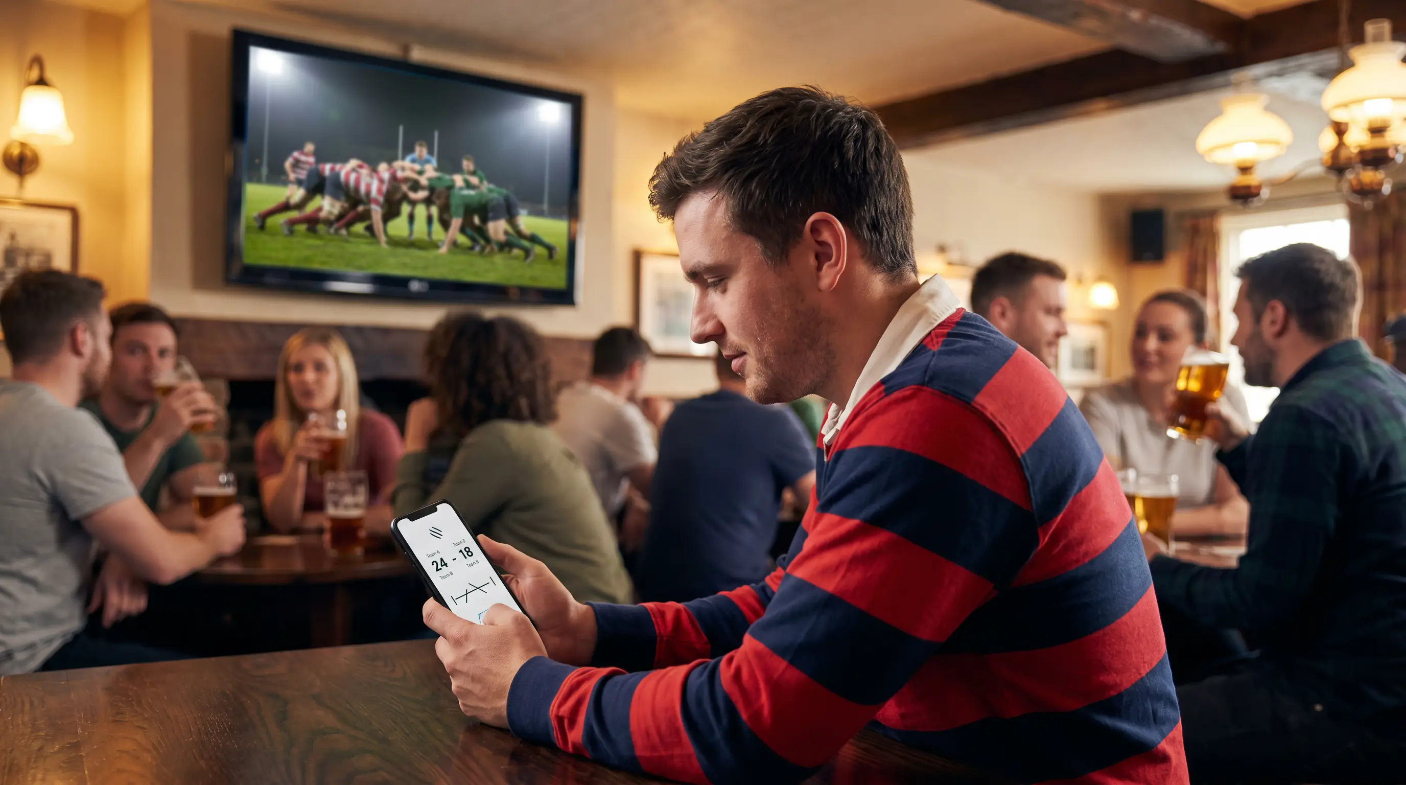 Rugby fan checking a mobile phone during a live match showing live-betting decision pressure