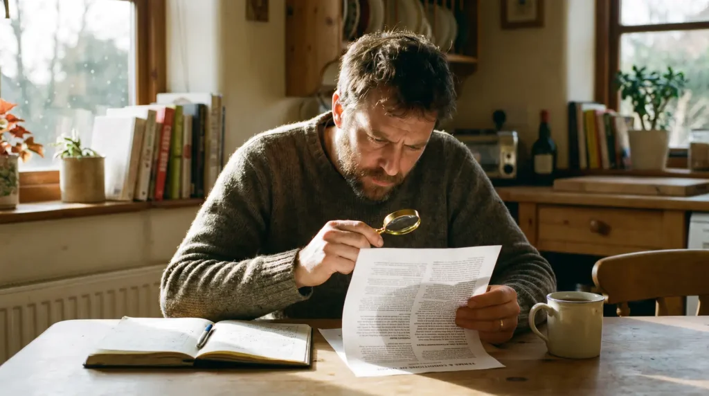 UK rugby bettor reading the small print on a free bet promotion at home