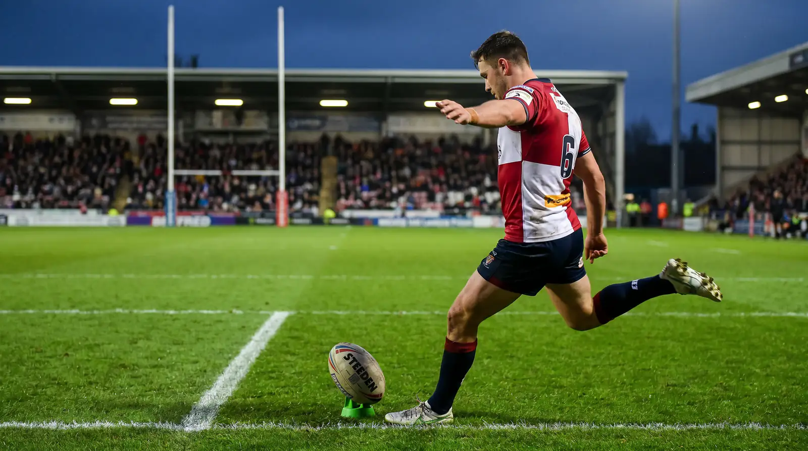 Rugby league goal kicker attempting a conversion that drives Super League points-and-tries markets