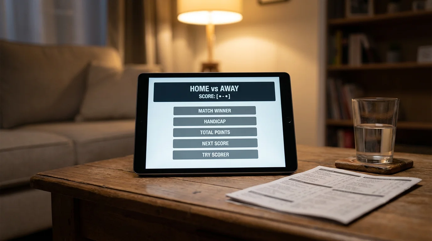 Live in-play rugby betting interface on a tablet showing match-winner and handicap markets