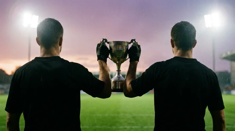Generic rugby tournament trophy held by anonymous players in a celebratory moment