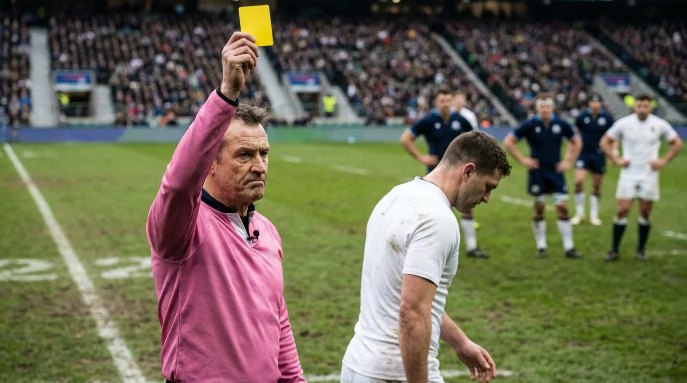 Rugby referee showing a yellow card sending a player to the sin bin during live play