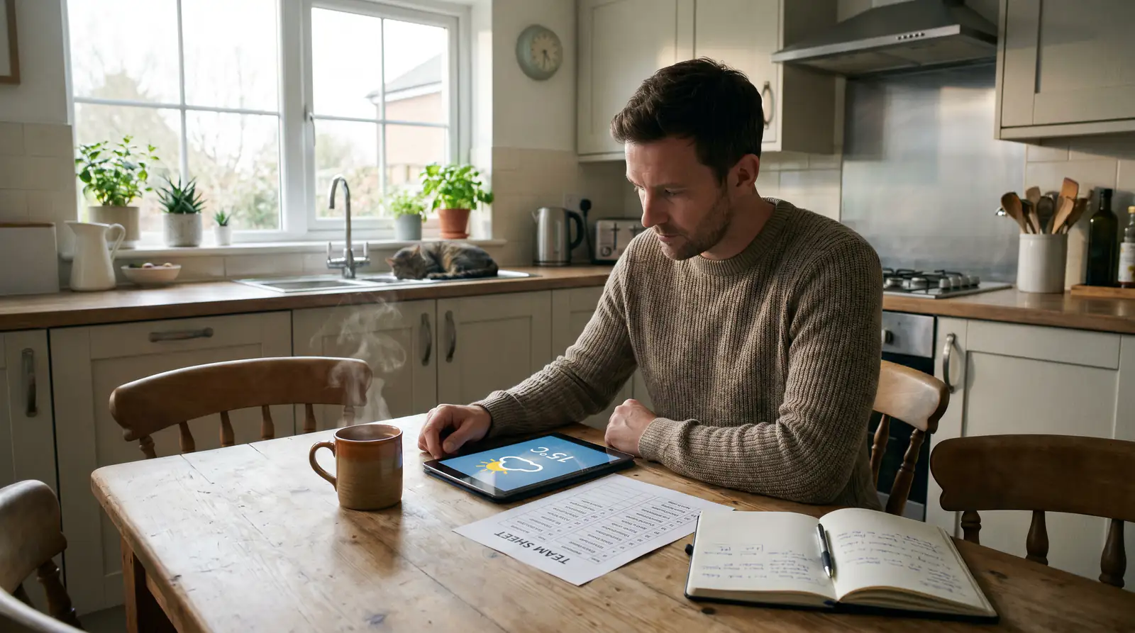 Rugby bettor checking team news and pitch conditions before a first try scorer bet