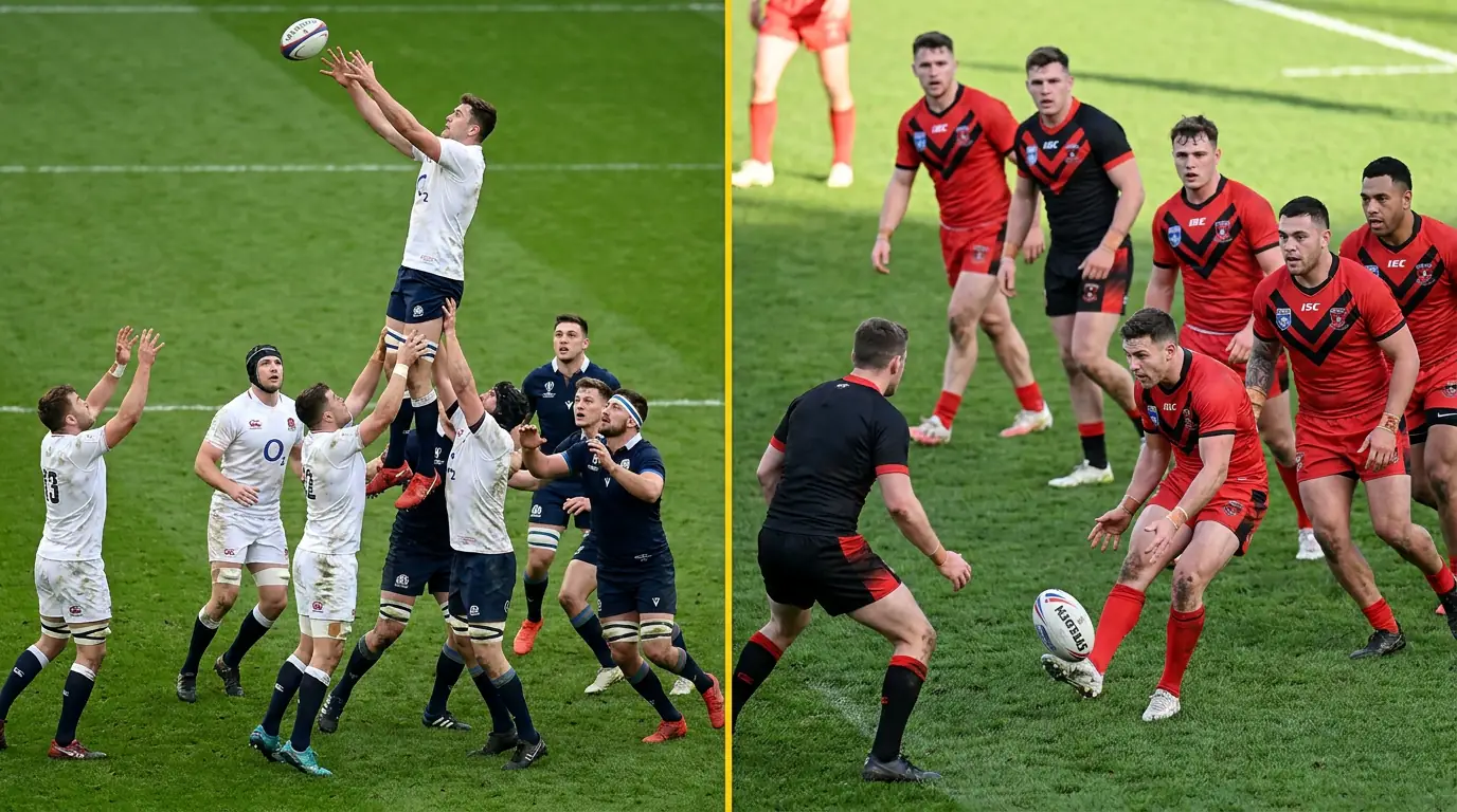 Side-by-side comparison of a fifteen-a-side Rugby Union lineout and a thirteen-a-side Rugby League play-the-ball.