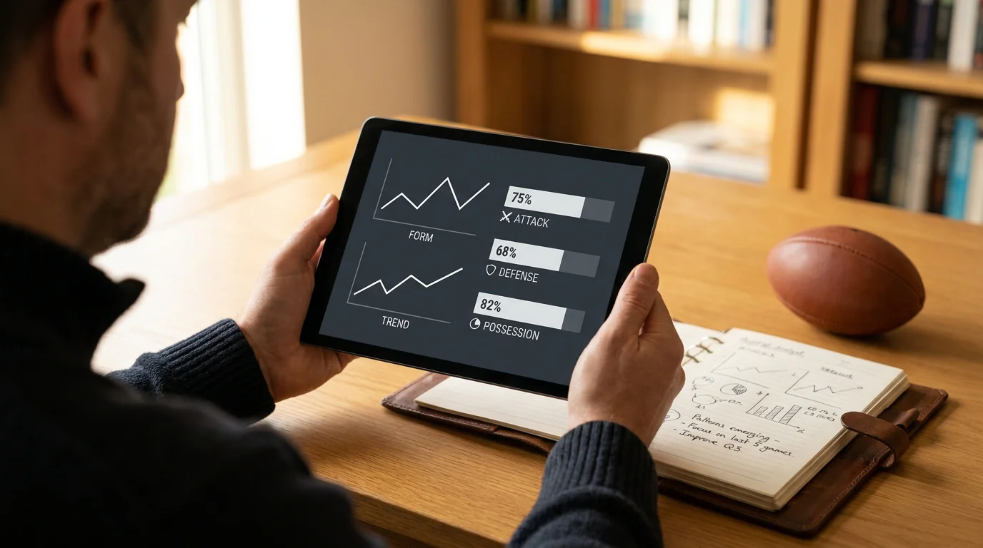 Rugby analyst studying detailed match statistics on a tablet at a quiet desk.