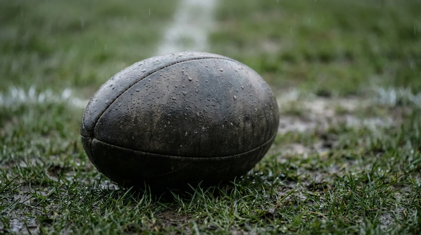 Rugby ball on a wet grass pitch demonstrating weather sensitivity