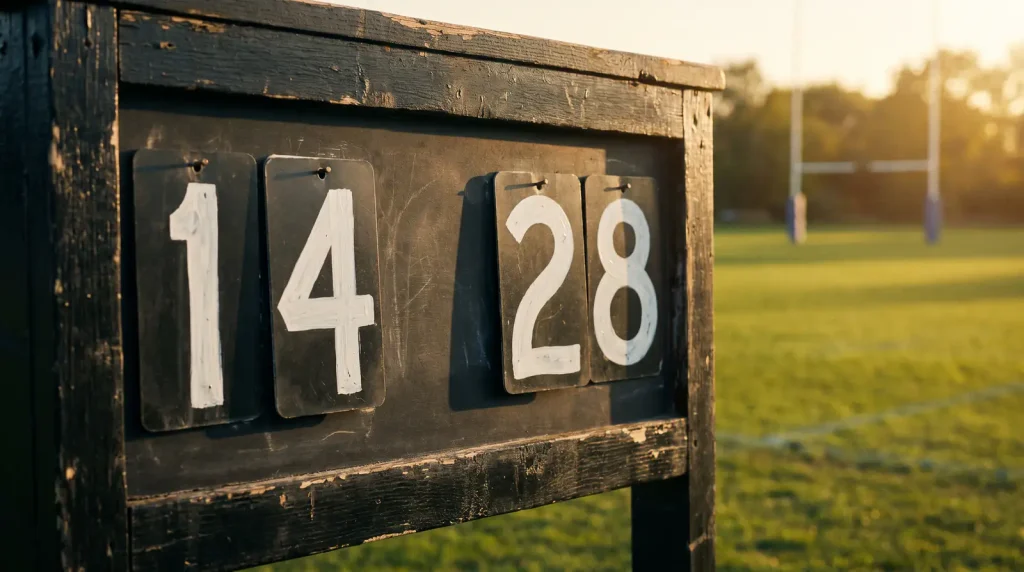 Rugby match scoreboard showing margin of victory in a UK winning margin betting context