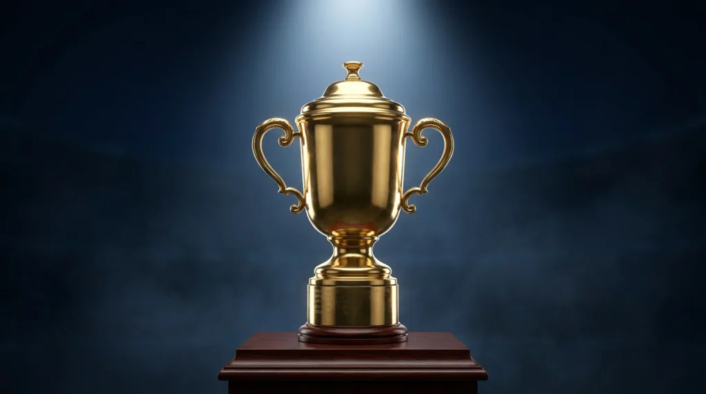 Rugby World Cup 2027 betting context with Webb Ellis Cup trophy on display