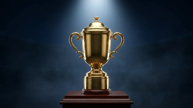 Rugby World Cup 2027 betting context with Webb Ellis Cup trophy on display