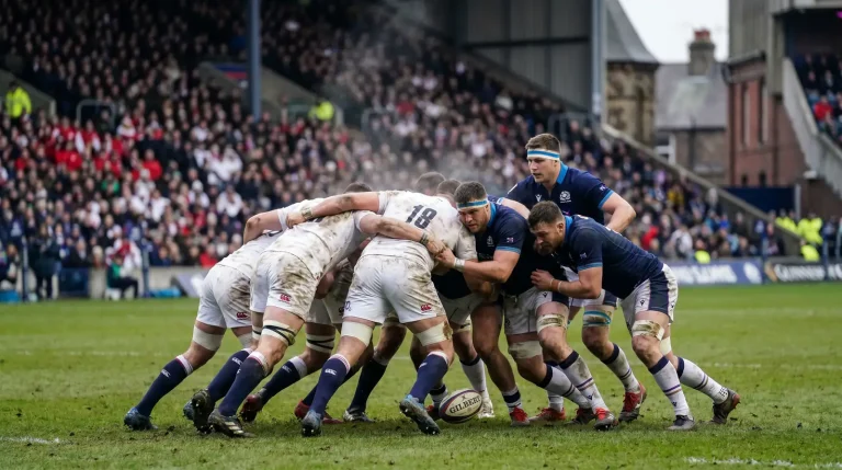 Six Nations rugby match action with packed stadium crowd during championship fixture