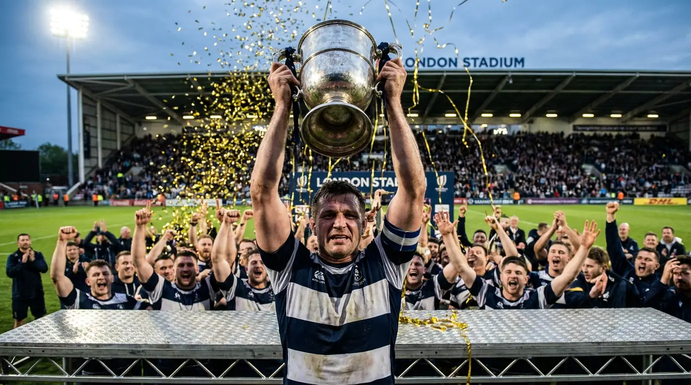 Premiership Rugby Final at Twickenham with winning captain lifting the trophy after the match