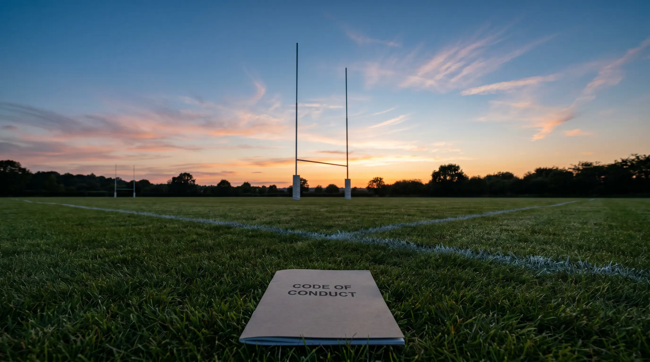 Rugby goalposts on an empty pitch at dusk with a printed code-of-conduct booklet in the foreground.