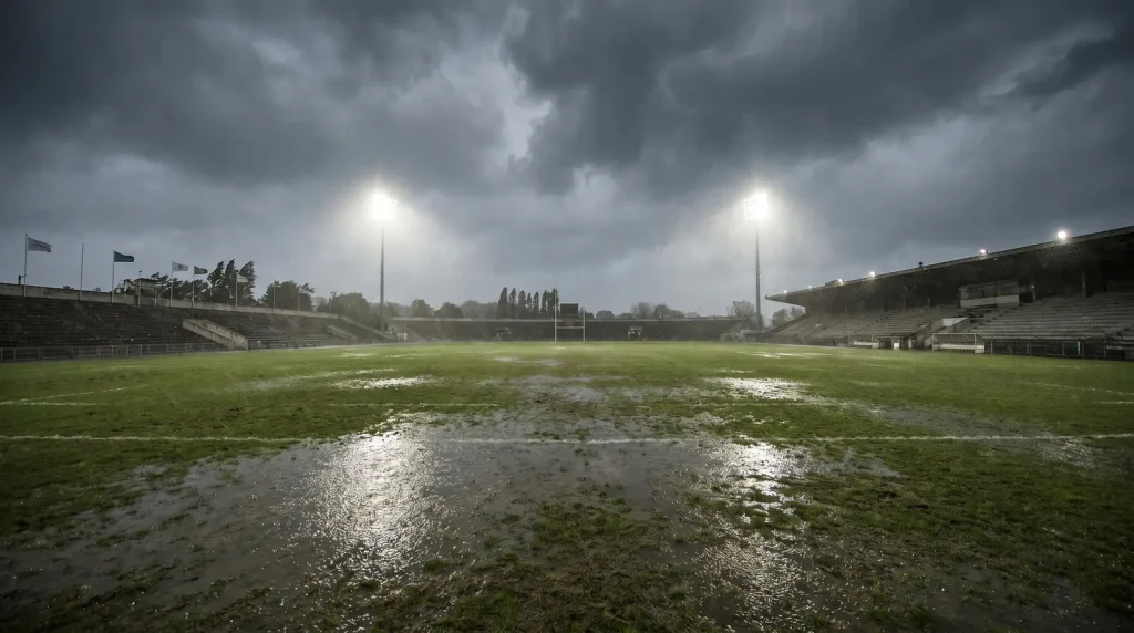 Rugby pitch in heavy rain and wind affecting betting line movement