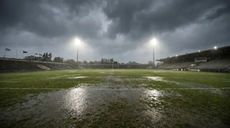 Rugby pitch in heavy rain and wind affecting betting line movement