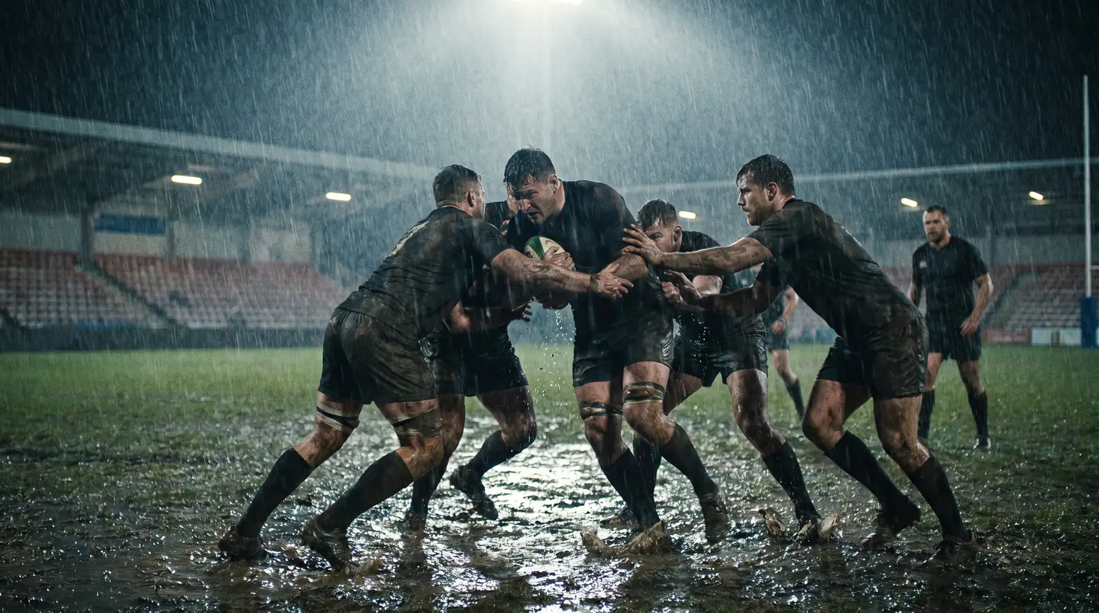 Wet rugby pitch conditions reducing try totals in a winter match