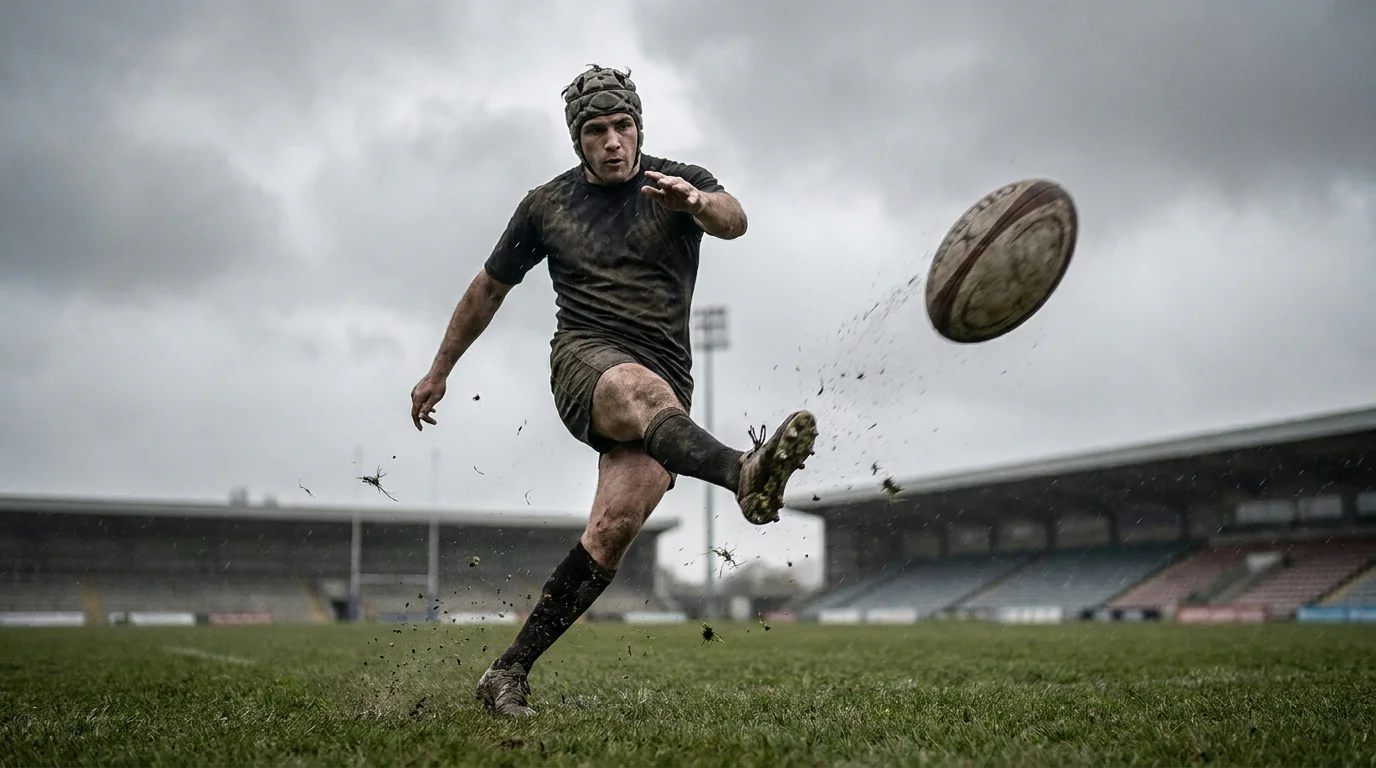 Wind effect on rugby kicking game shown by a fly-half attempting a kick