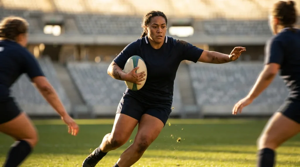 Women's Rugby World Cup match action with attacking play and stadium atmosphere